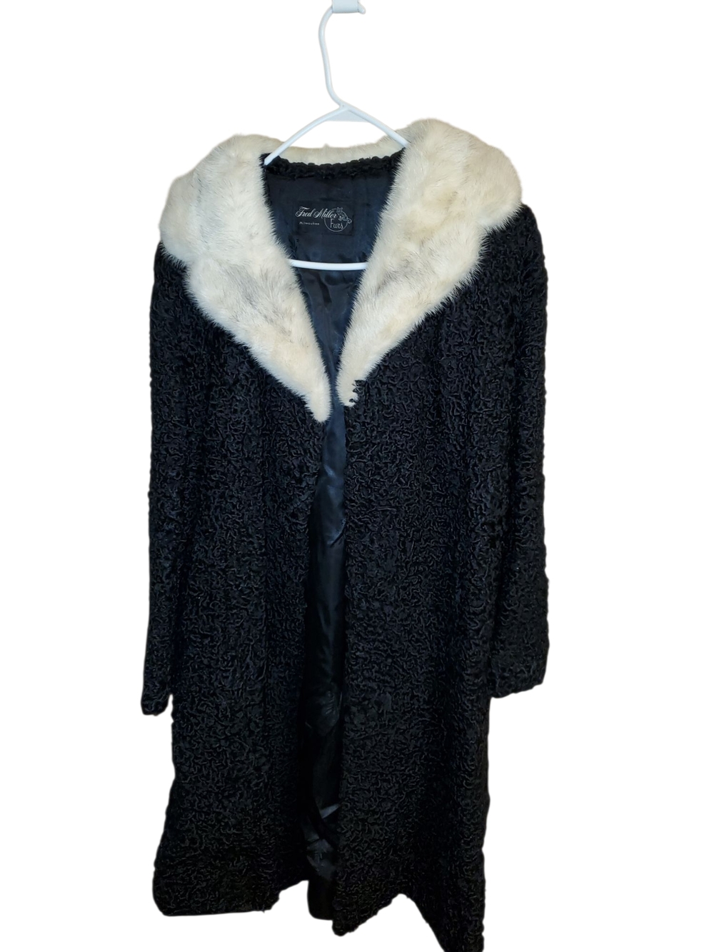 Vintage Black Persian Lamb Trench Coat with Cream Fur Collar